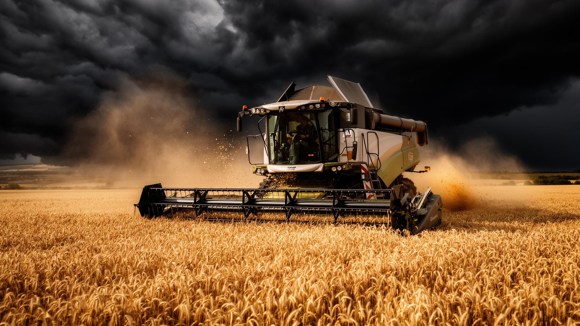 Moissonneuse-batteuse en pleine moisson sous un ciel d'orage menaçant
